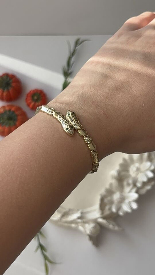 14K Gold Kaplama Yılan Figürlü Zirkon Taşlı Kadın Bileklik