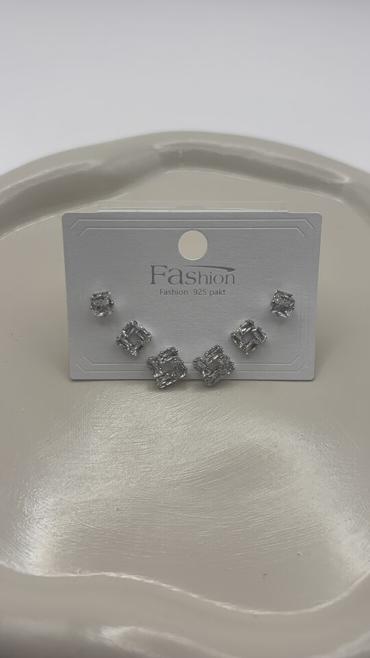 Minimal Baget Zirkon Taşlı Silver 3 Çift Küpe