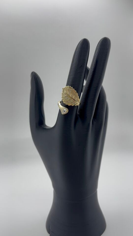 Gold Zirkon Taşlı Yaprak Model Ayarlanabilir Kadın Yüzük