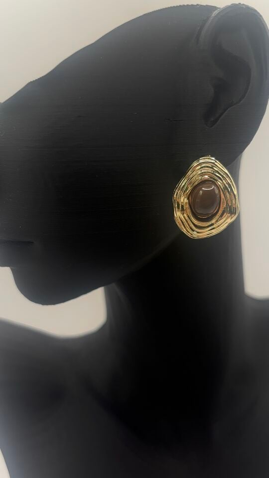 Gold Kahverengi Taşlı Çelik Küpe