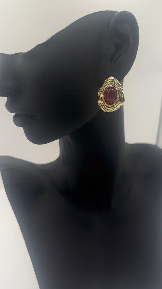 Bordo Taşlı Gold Vintage Küpe