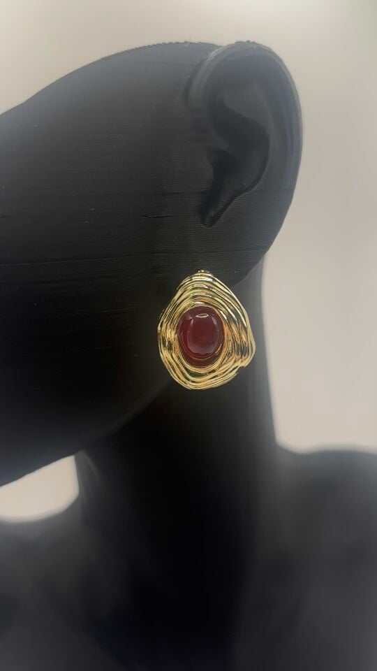 Bordo Taşlı Gold Vintage Küpe