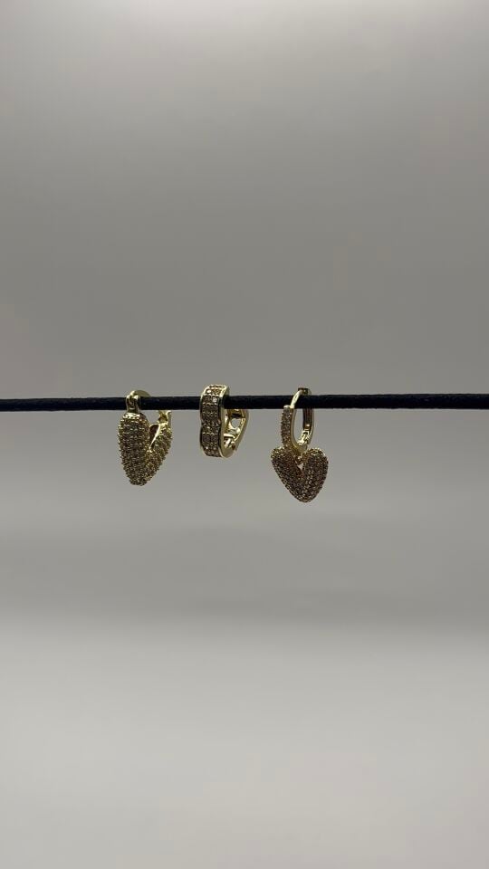 Gold 3'lü Kalp Model Kadın Küpe
